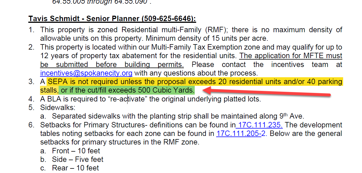 City pre-development note stating preliminary residential, parking, and cut-and-fill thresholds for SEPA review