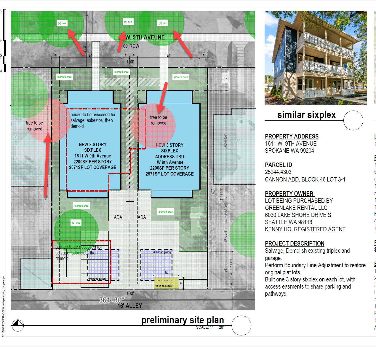 Preliminary site plan showing two new 3-story six-plexes replacing the existing triplex at 1611 W 9th Ave