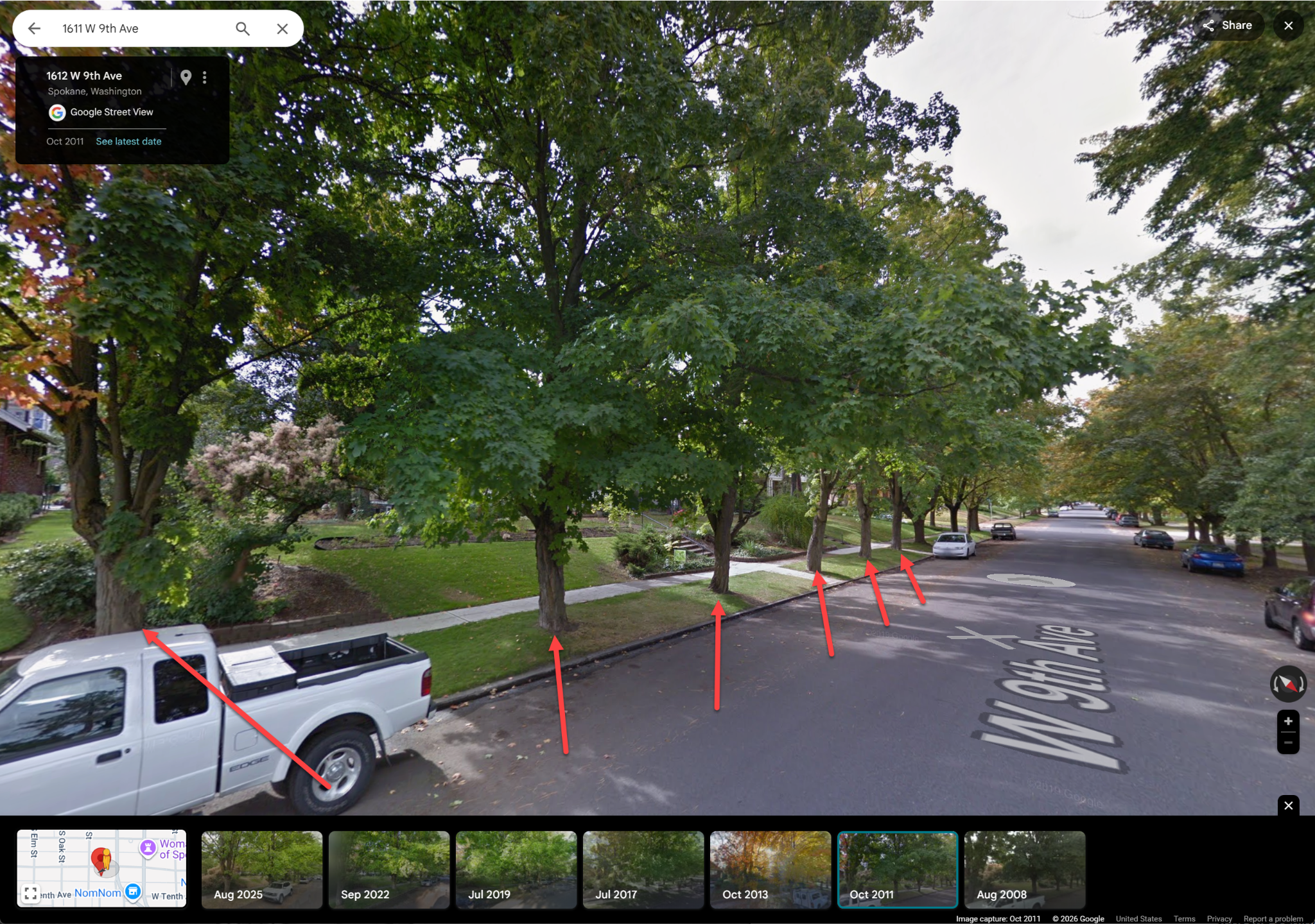 Street view of W 9th Ave showing mature street trees, several marked for reference